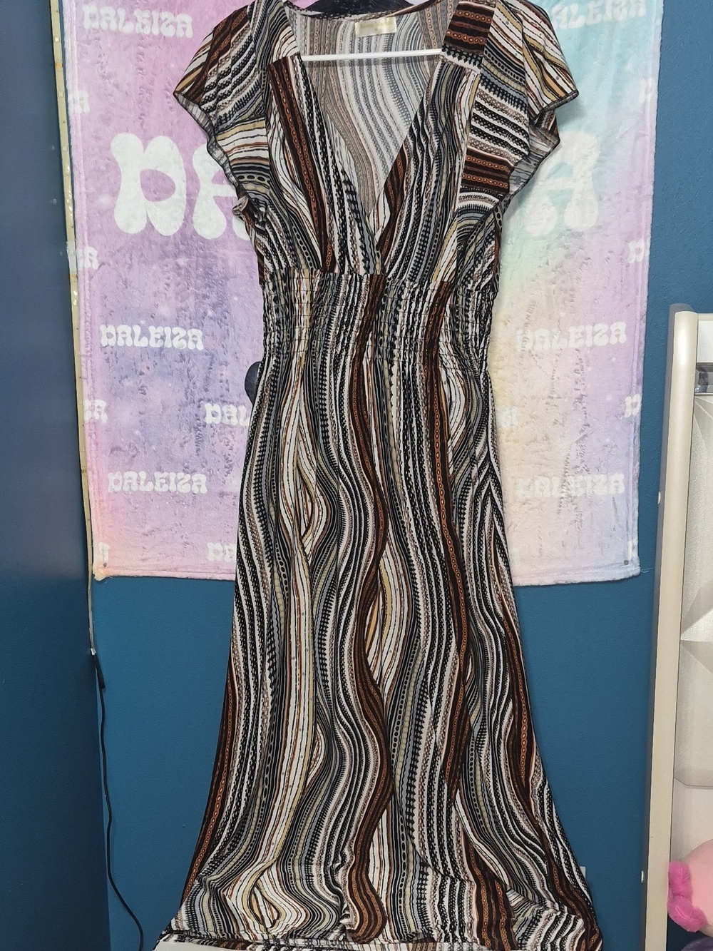 Striped V-Neck Maxi Dress in Brown and Cream